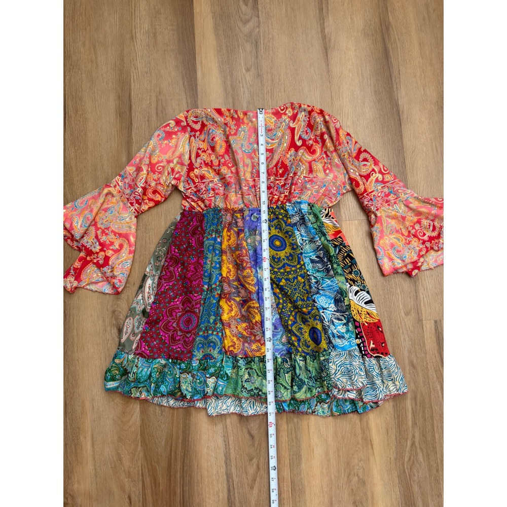 Silk Blend Patchwork Boho Fairy Bell Sleeve tunic mini dress L/XL whimsy paisley - Picture 7 of 7